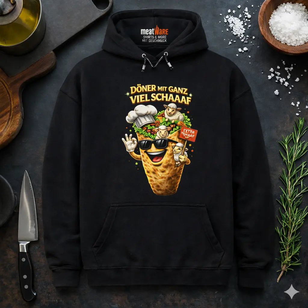 Schwarzer Oversized Hoodie mit lustigem Döner Design „Döner mit ganz viel Schaaaf“ – Cartoon Döner mit Schafen und Extra Schaaaf Schild von Meatware – Shirts & more mit Geschmack