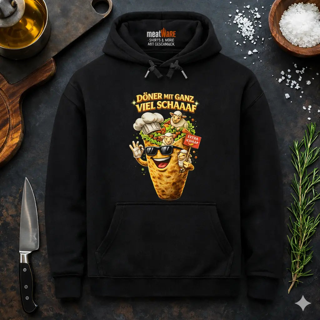 Schwarzer Premium Hoodie mit lustigem Döner Design „Döner mit ganz viel Schaaaf“ von Meatware – Cartoon Döner mit Schafen und Extra Schaaaf Schild – Shirts & more mit Geschmack