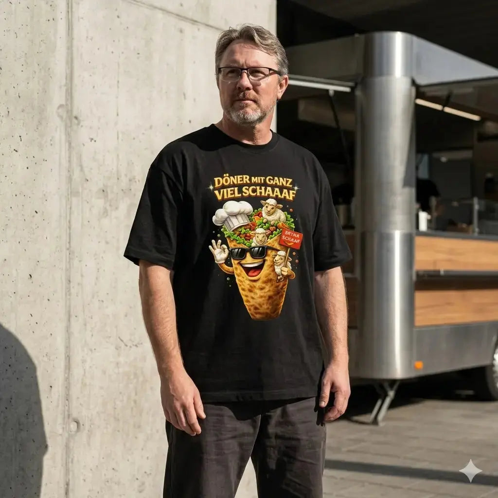 Lässiger Mann im schwarzen Meatware Oversized-Shirt aus schwerer Baumwolle mit Döner-Schaf-Motiv
