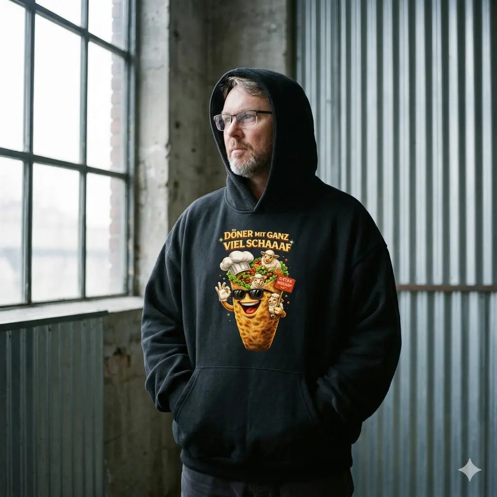Mann im schweren Meatware Oversized Hoodie mit Döner-Schaf-Motiv im Boxy-Style.