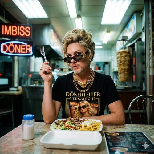 Model im schwarzen Meatware Oversized Shirt „Dönerteller Versatsche“ mit goldenem Barock-Rahmen im Berliner Döner-Imbiss