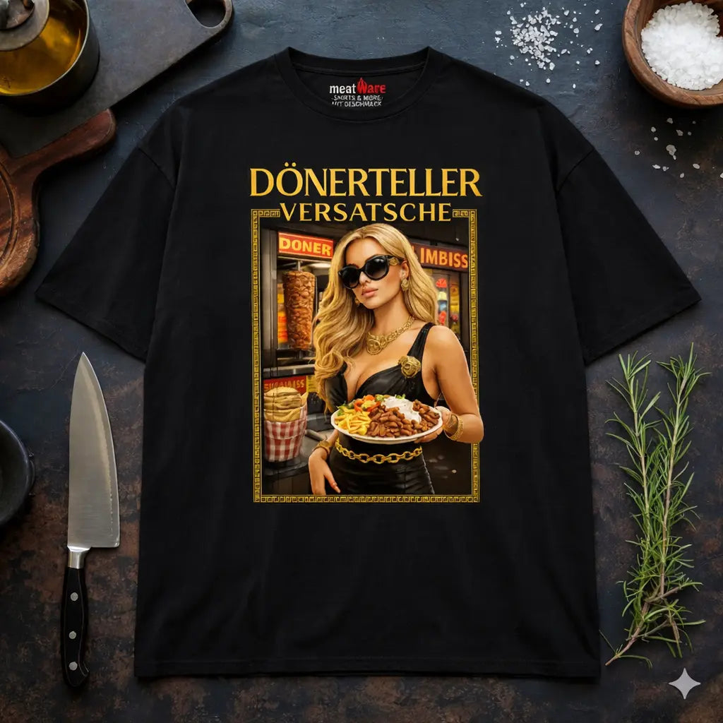 Schwarzes Meatware Oversized T-Shirt mit Dönerteller Versatsche Streetwear BBQ Humor Design im rustikalen Küchen Mockup mit Messer und Gewürzen, lockerer Fit mit Nackenbranding
