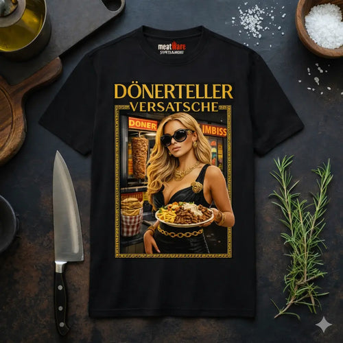 Schwarzes Meatware Premium T-Shirt mit Dönerteller Versatsche BBQ Humor Design im rustikalen Küchen Mockup mit Messer und Gewürzen, inklusive Nackenbranding