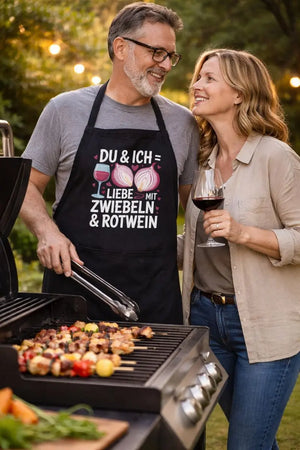 Schwarze Meatware Premium Grill- und Kochschürze mit Spruch ›Du & Ich – Liebe mit Zwiebeln & Rotwein‹ – humorvolles Design zum Thema Liebe geht durch den Magen