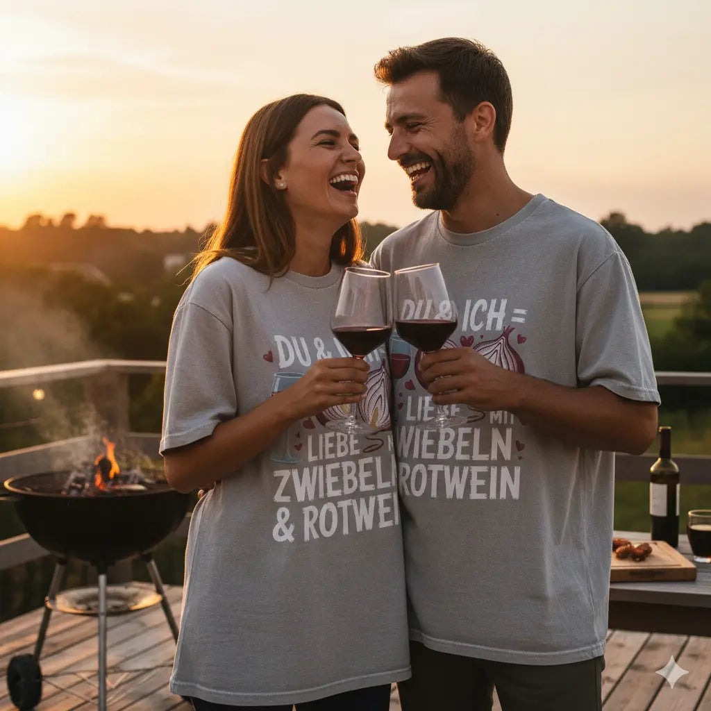Paar in grauen und schwarzen Oversized Shirts mit 'Liebe mit Zwiebeln & Rotwein' Print, lachend am Grill, Meatware