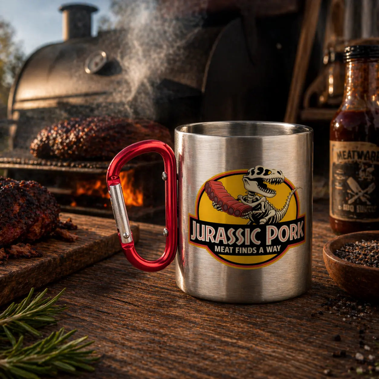 Edelstahl Tasse mit fest integriertem Karabinergriff von Meatware mit Jurassic Pork Design auf rustikalem BBQ Tisch