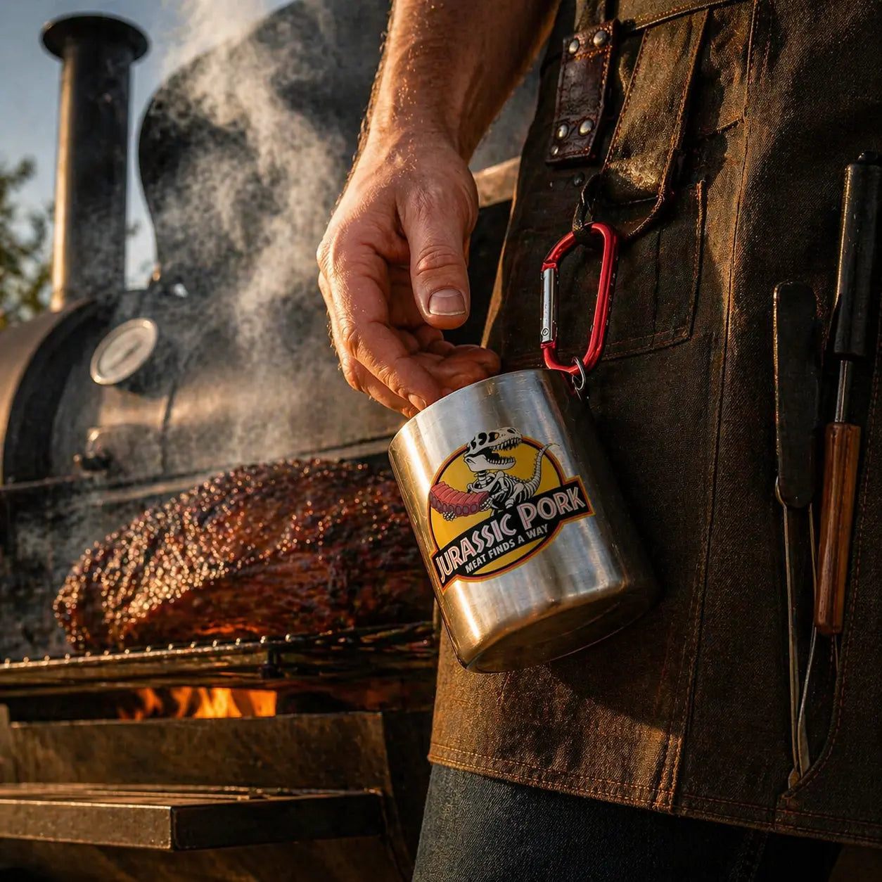 Edelstahl Tasse mit Karabiner von Meatware mit Jurassic Pork Design hängt an Grillschürze vor rauchendem BBQ Smoker in action Szene