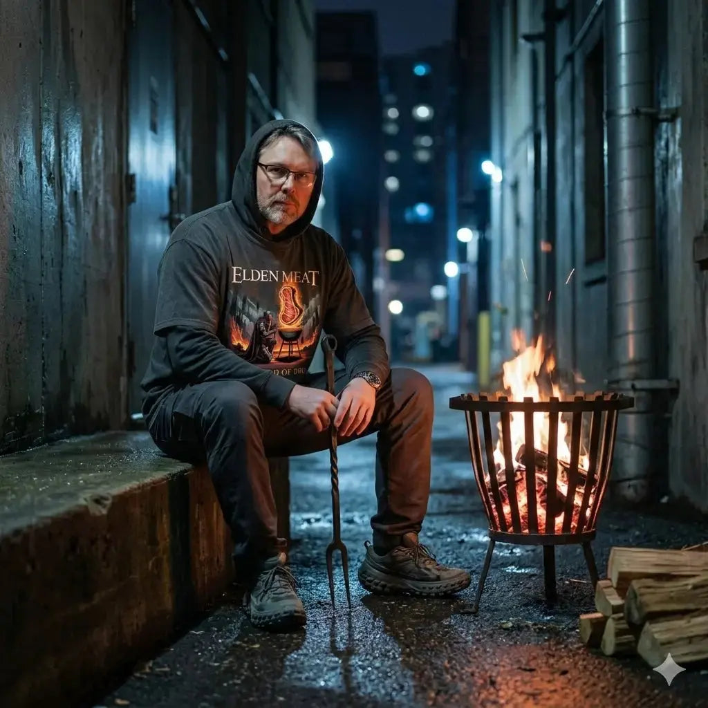 Lässiger Typ im Meatware Elden Meat Oversized Shirt (240 GSM) im epischen Feuer-Setting