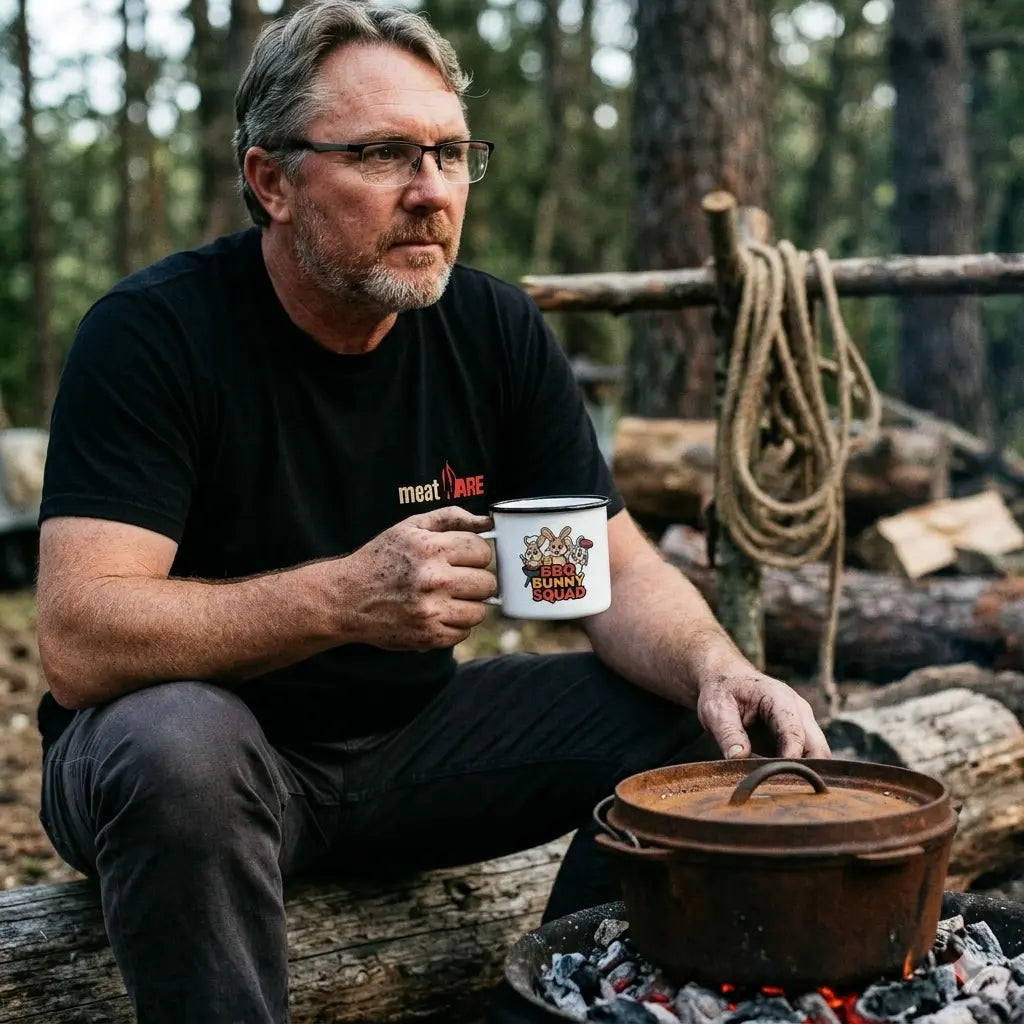 Robuste Meatware Emaille Tasse mit dem BBQ Bunny Squad Motiv auf einem Baumstamm.