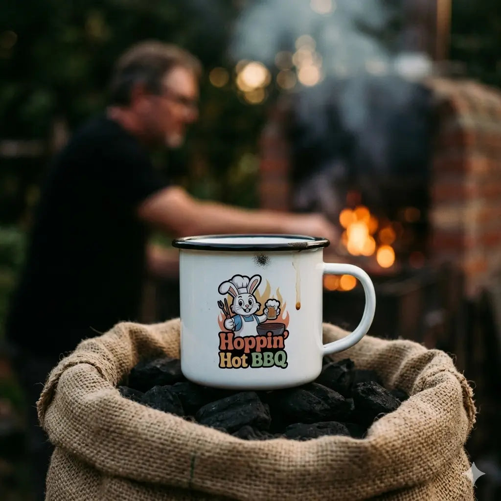 Robuste Meatware Emaille Tasse mit dem Hoppin' Hot BBQ Hasen-Motiv am Grillplatz.
