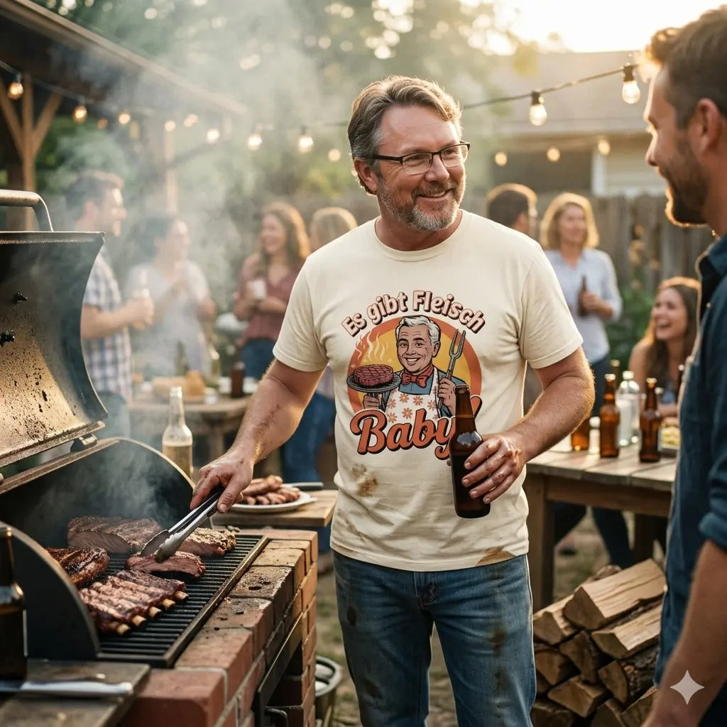 Mann am Grill im Garten trägt ein T-Shirt mit dem Aufdruck "Es gibt Fleisch Baby" im Retro-Stil.