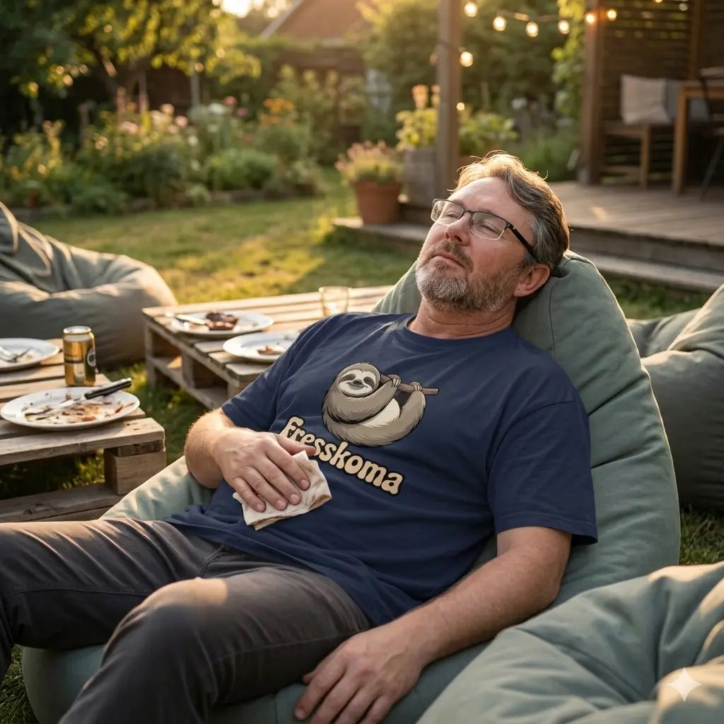 Lässiger Mann im Meatware Fresskoma Oversized Shirt entspannt sich nach dem Essen