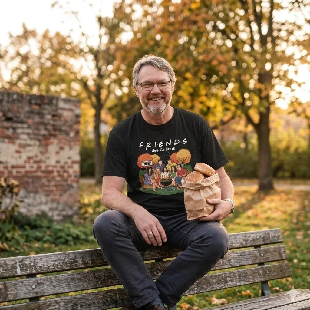 Lässiger Typ im Meatware Friends des Grillens Oversized Shirt (240 GSM) im urbanen Herbst-Setting