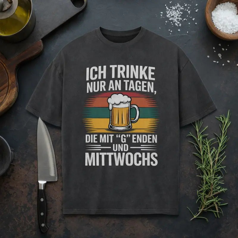 Meatware Heavy Oversized T-Shirt „Ich trinke nur an Tagen, die mit G enden und mittwochs“ mit Bierkrug-Illustration auf dunkelgrauem Shirt, rustikales Küchen-Mockup