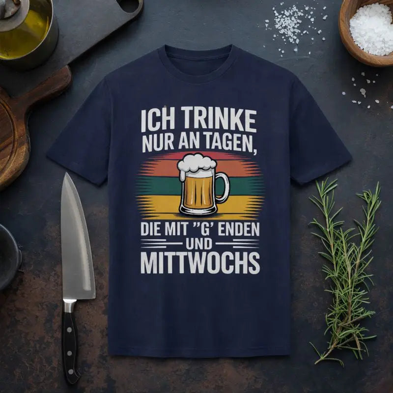 Meatware Bio-Baumwoll T-Shirt „Ich trinke nur an Tagen, die mit G enden und mittwochs“ mit Bierkrug-Illustration auf dunkelblauem Shirt, rustikales Küchen-Mockup