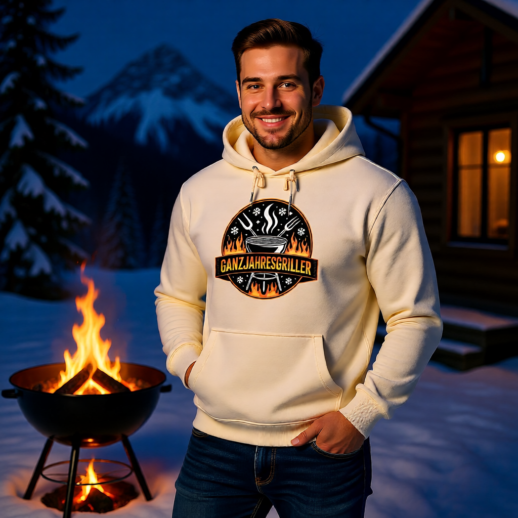 Premium Hoodie mit Ganzjahresgriller Feuer & Schnee Emblem von Meatware im BBQ-Lifestyle Look
