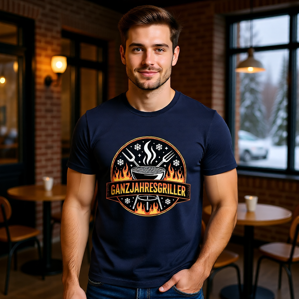 Premium T-Shirt mit Ganzjahresgriller Feuer & Schnee Emblem von Meatware im BBQ-Lifestyle Look