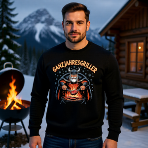 Premium Sweatshirt mit Ganzjahresgriller Wikinger am Grill von Meatware im BBQ-Lifestyle Look