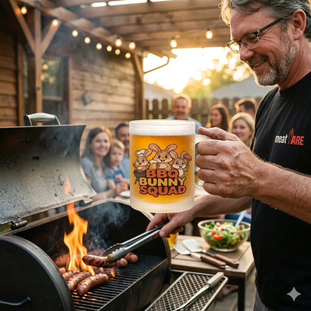 Satinierte Glastasse mit dem Meatware BBQ Bunny Squad Motiv in Milchglas-Optik.