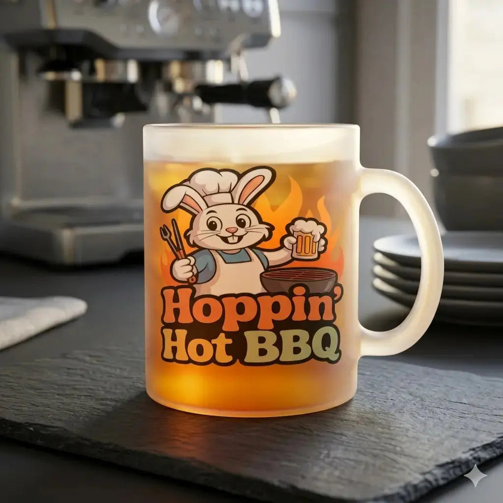 Satinierte Glastasse mit dem Meatware Hoppin' Hot BBQ Motiv in Milchglas-Optik.