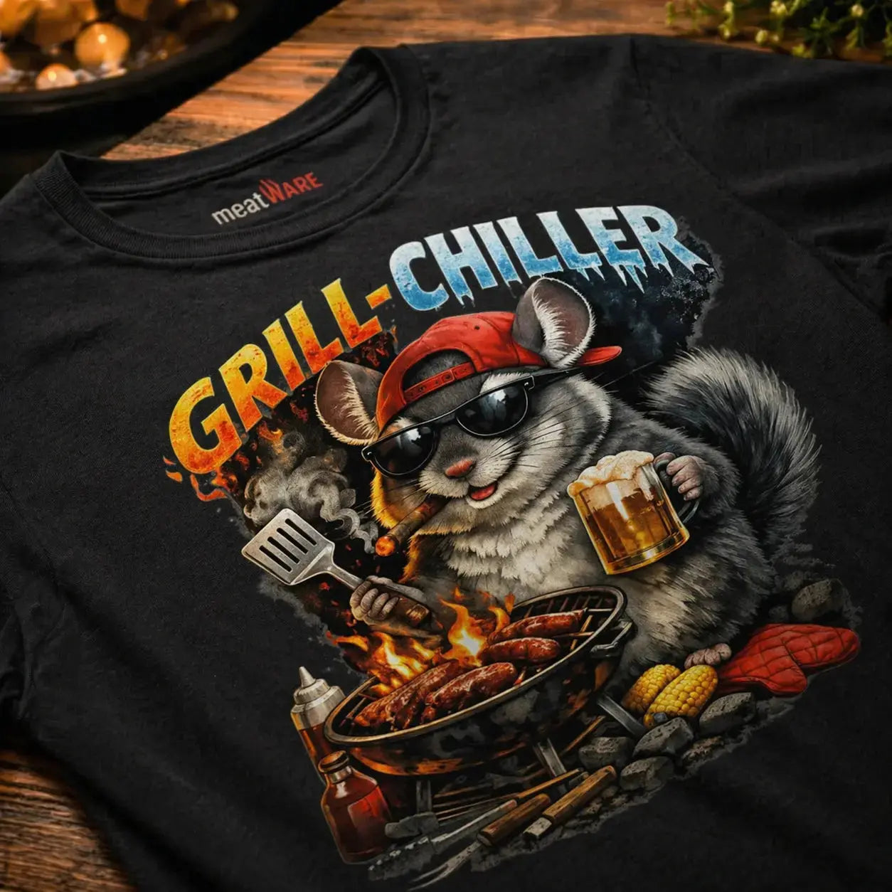Nahaufnahme eines schwarzen Oversized T-Shirts mit lustigem BBQ Eichhörnchen „Grill Chiller“ Motiv, Bier und Grill Szene im rustikalen Holz Mockup mit Meatware Nackenbranding