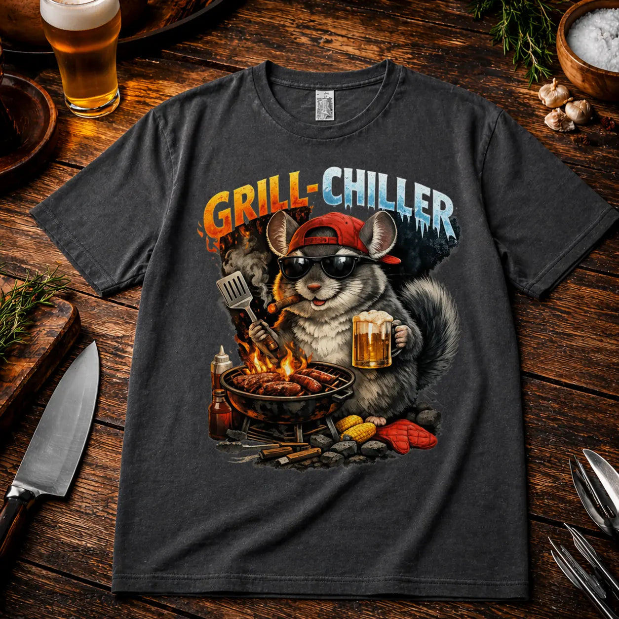 Graues Premium T-Shirt im Washed Look mit lustigem BBQ Eichhörnchen „Grill Chiller“ Motiv im rustikalen Grill Mockup mit Bier, Gewürzen und Küchenutensilien auf Holztisch