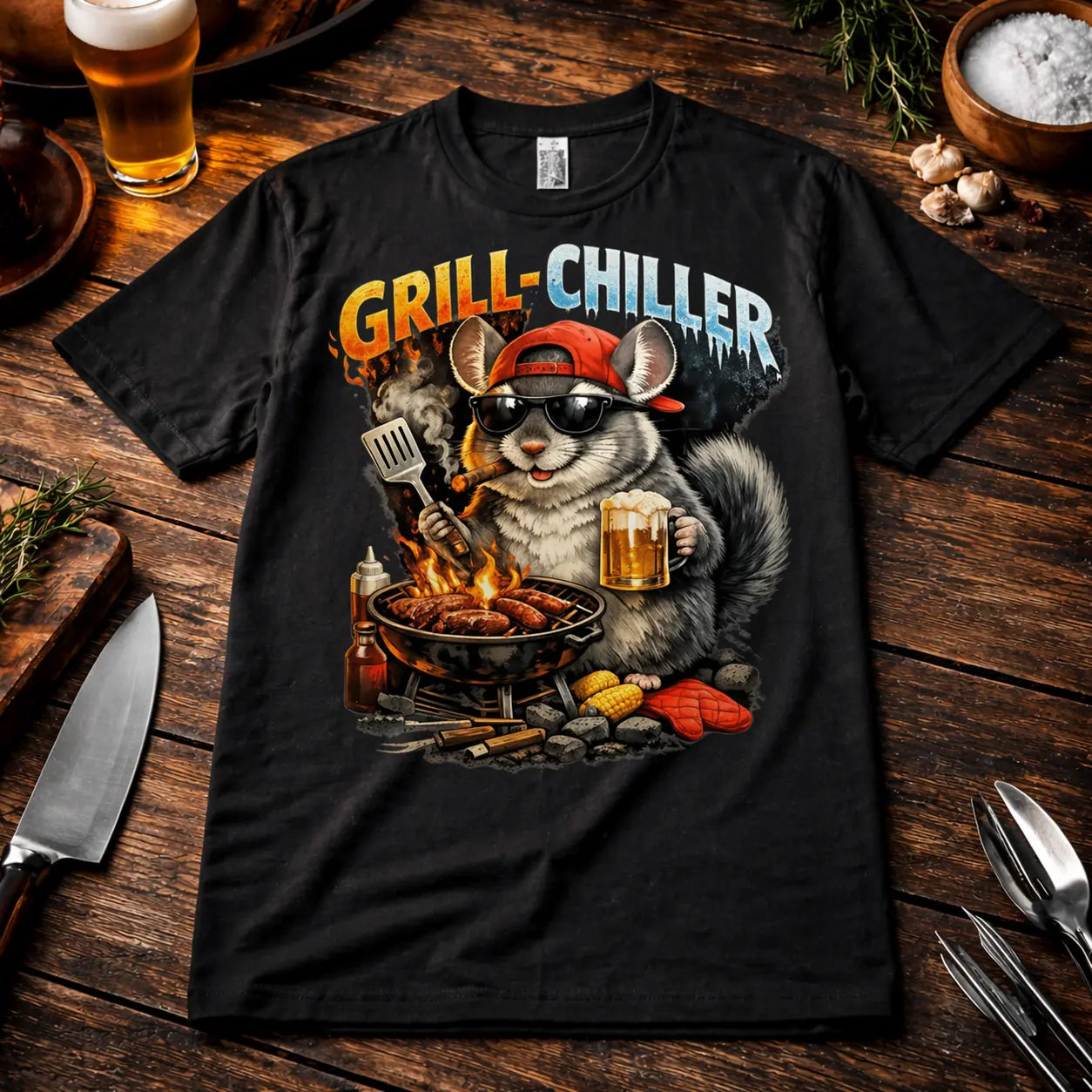 Schwarzes Premium T-Shirt mit lustigem BBQ Eichhörnchen „Grill Chiller“ Motiv mit Bier und Grill im rustikalen Grill Mockup mit Holz, Gewürzen und Küchenutensilien