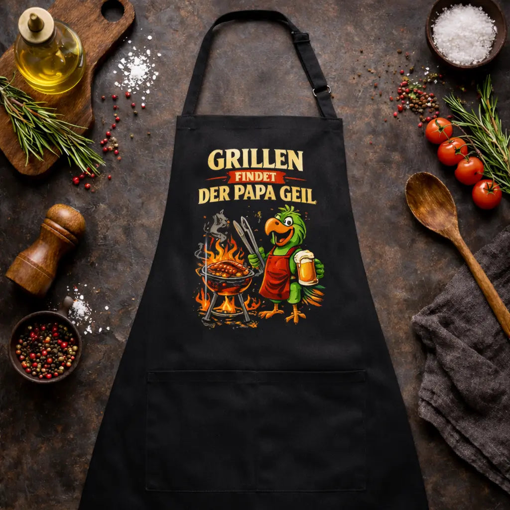 Schwarze Meatware Grillschürze mit lustigem BBQ Papagei Design „Grillen findet der Papa geil“, Grillmotiv mit Bier und Würstchen im rustikalen Küchen Mockup – Shirts & more mit Geschmack