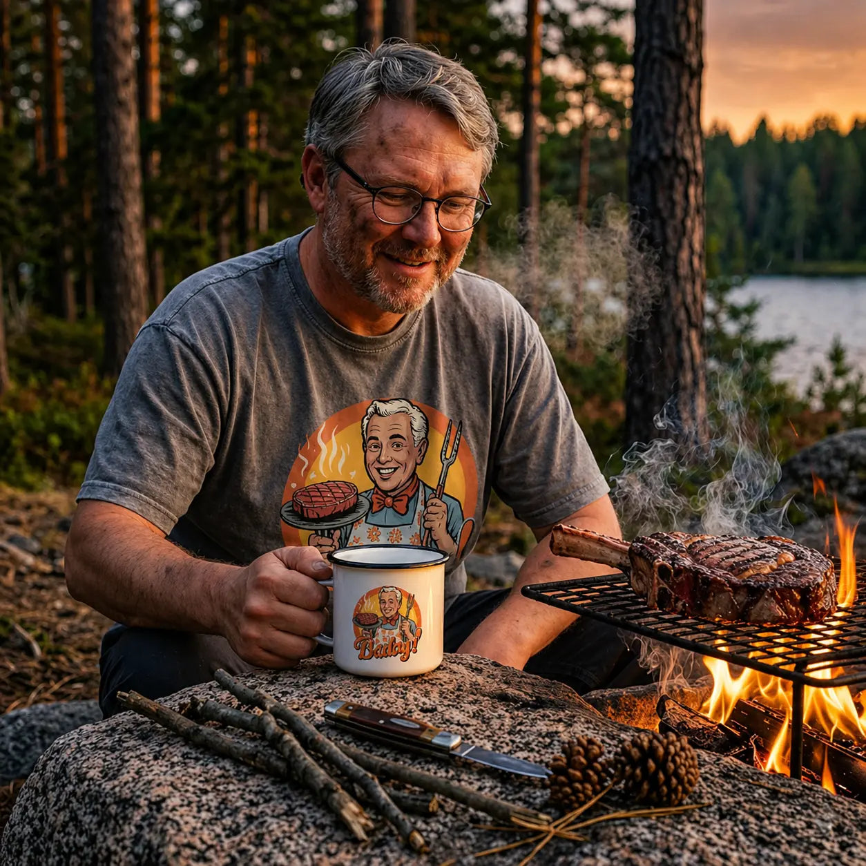 Grillmeister sitzt am Lagerfeuer und grillt Steak, trägt BBQ Shirt und hält Emailletasse mit Meatware Design in der Hand, Outdoor Camping Szene mit Feuer und Rauch