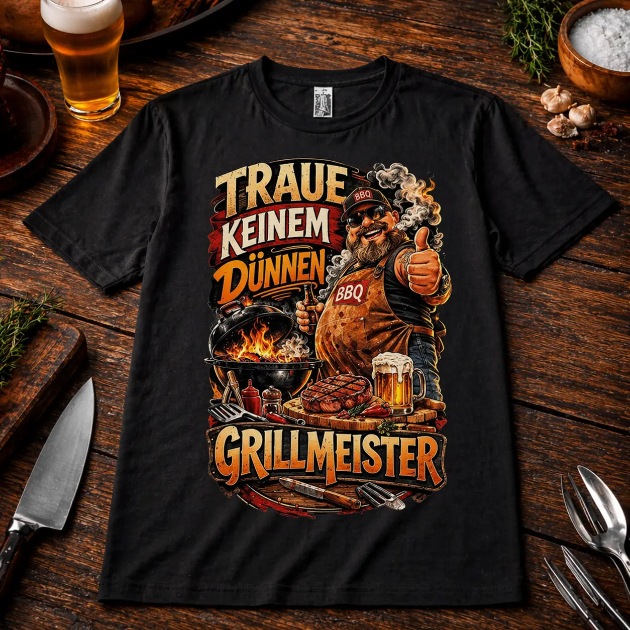Schwarzes Premium T-Shirt mit „Traue keinem Dünnen Grillmeister“ BBQ Motiv auf rustikalem Holztisch Mockup mit Bier, Messer und Grillzubehör