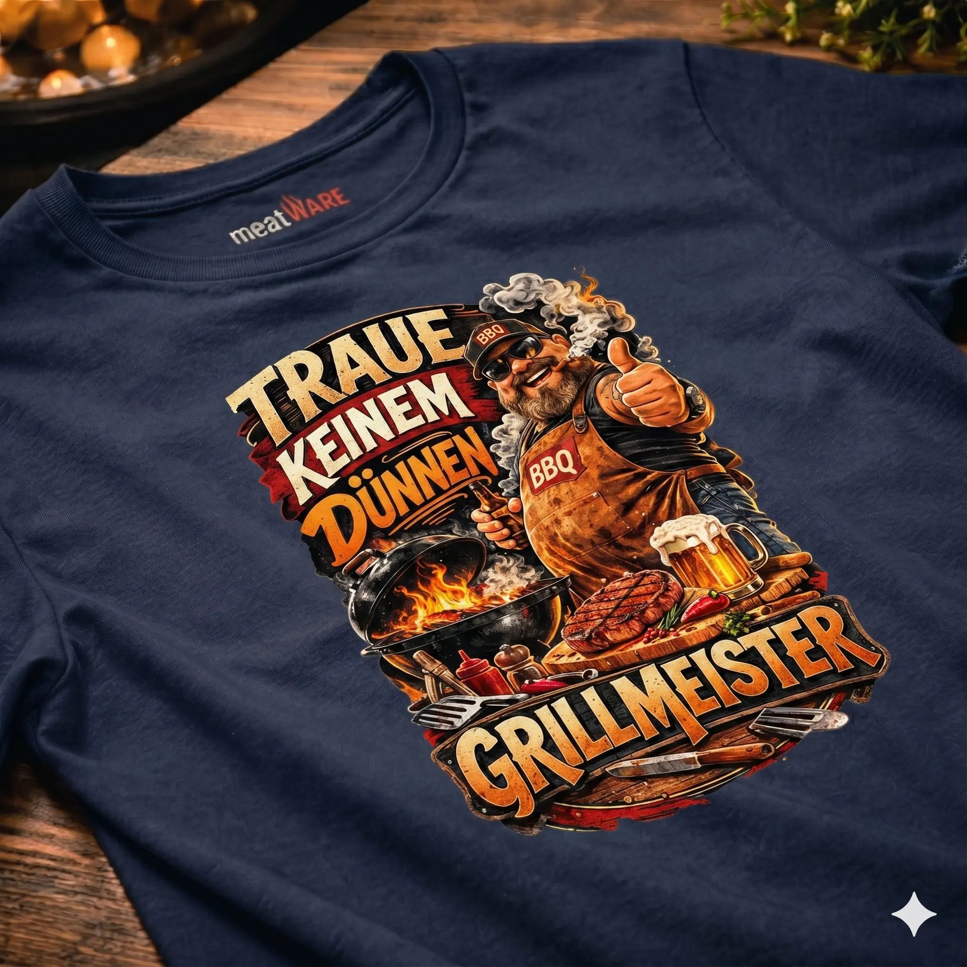 Ein fotorealistisches Produkt-Mockup eines schwarzen Baumwoll-T-Shirts, das diagonal auf einem dunklen, rustikalen Holztisch liegt. Auf der Brust ist eine detaillierte, farbenfrohe Vintage-Grafik im Retro-Stil eines bärtigen Grillmeisters in Schürze zu sehen, der einen Daumen hoch gibt. Die Grafik zeigt zudem einen brennenden Kettle-Grill, ein Steak auf einem Brett, Bierkrüge und die deutschen Texte "TRAUE KEINEM DÜNNEN" über dem Motiv und "GRILLMEISTER" darunter. Ein gewebtes Nackenlabel mit der Aufschrift