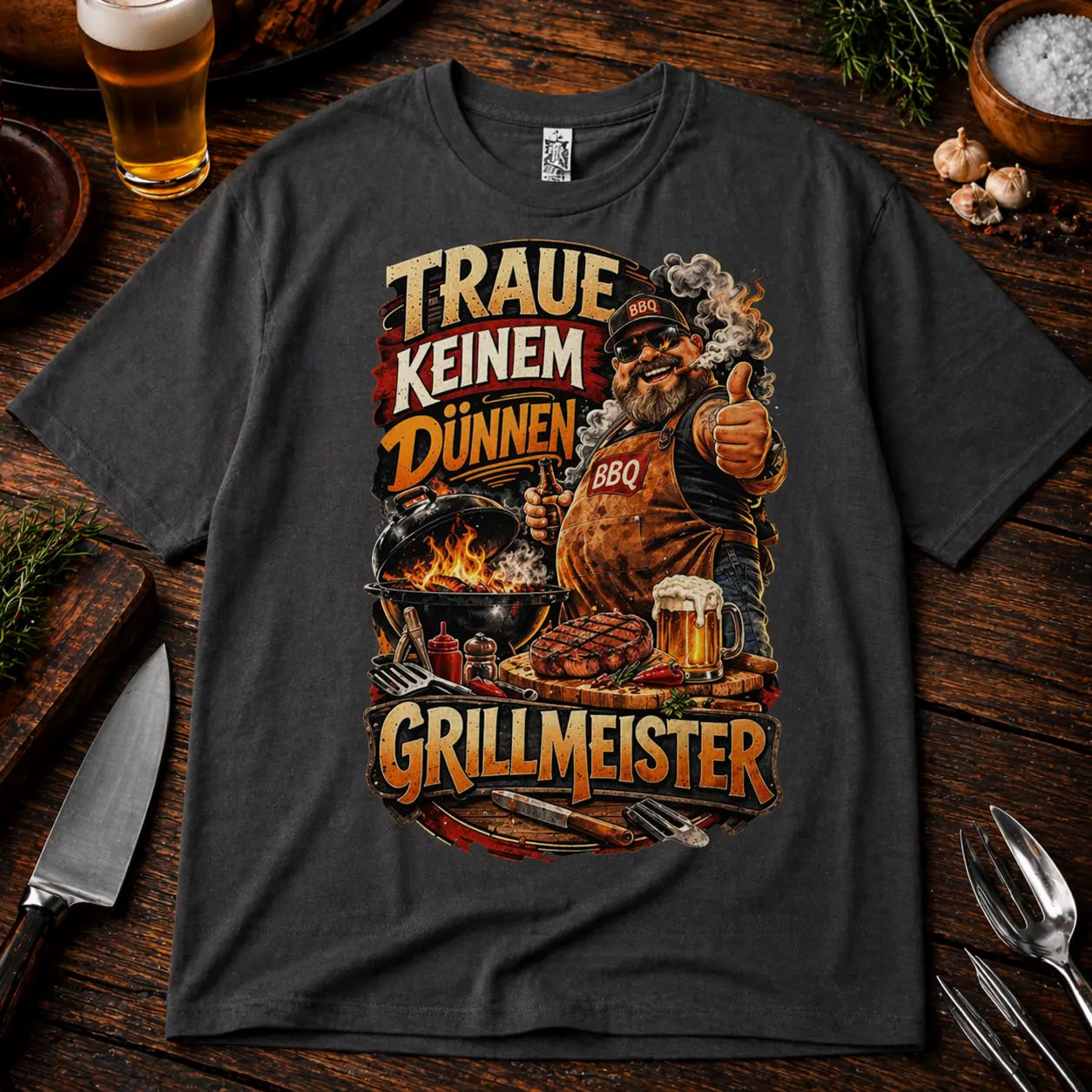 Graues Premium T-Shirt mit „Traue keinem dünnen Grillmeister“ BBQ Design im rustikalen Grill Mockup mit Bier, Besteck und Holzuntergrund