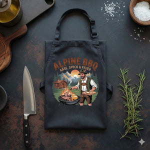 Eine flach liegende, schwarze Grillschürze mit dem „Alpine BBQ“-Grafikprint (ein Grillmeister in Lederhosen vor Bergkulisse). Die Schürze ist auf einer dunklen, rustikalen Küchenarbeitsplatte platziert, umgeben von einem Profi-Kochmesser, frischem Rosmarin und Salzschälchen.