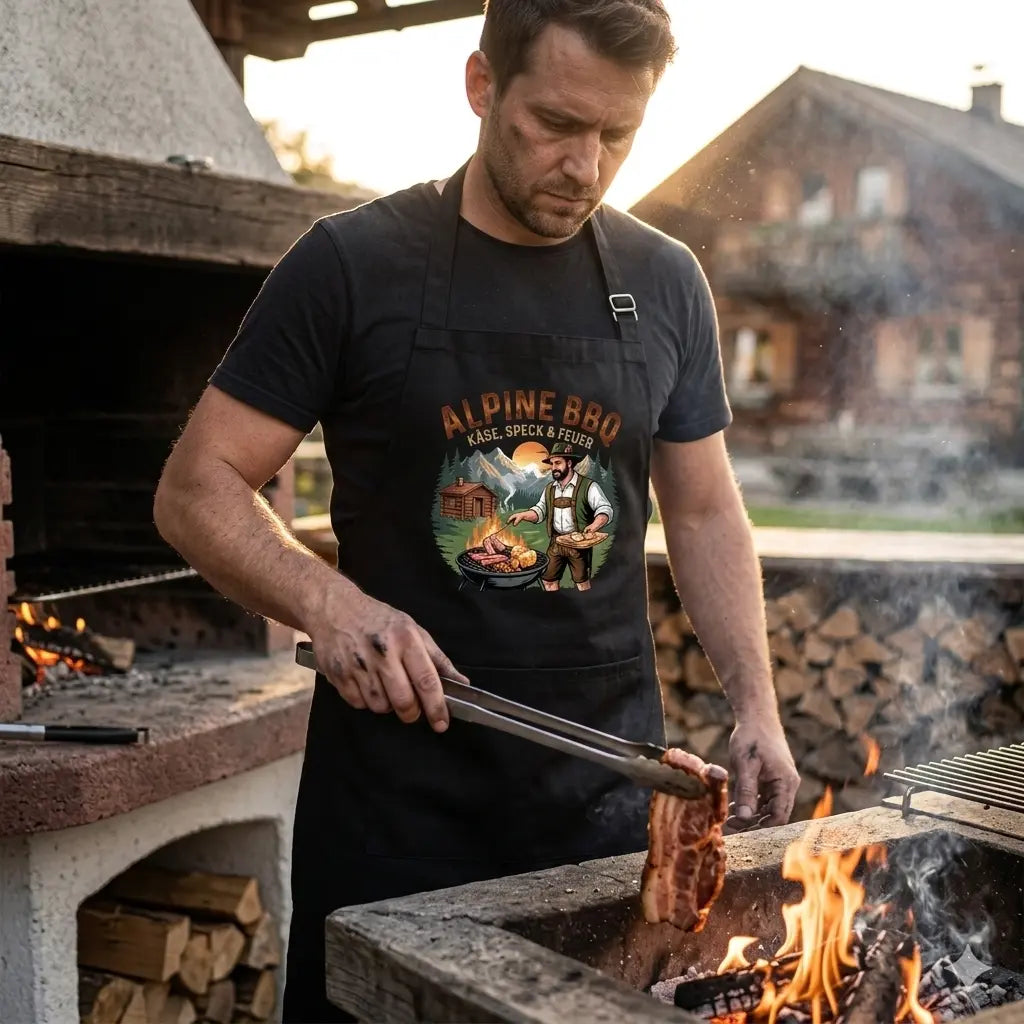 Mann in der Meatware Alpine BBQ Grillschürze (Käse & Speck Design) im Einsatz am offenen Feuer.