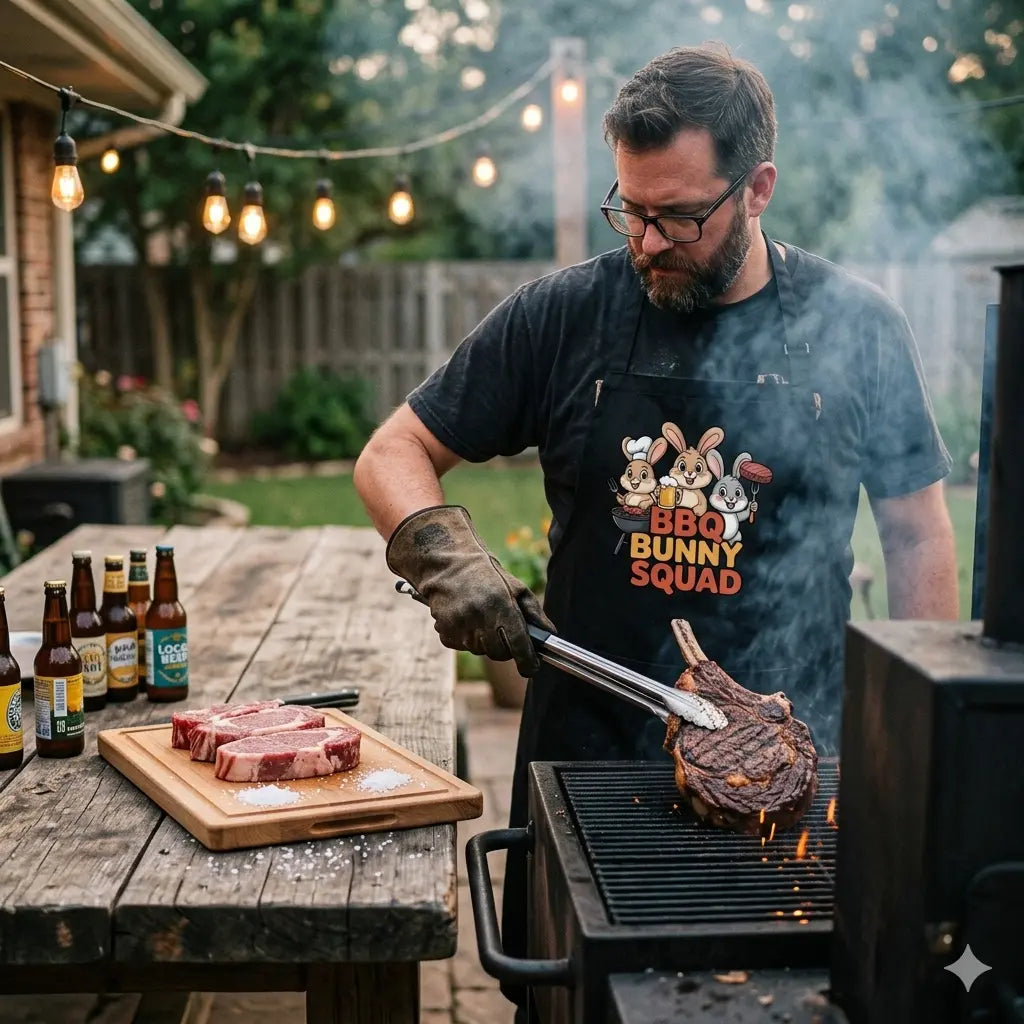 BBQ Bunny Squad Grillschürze – Lustiges Hasen Team Motiv | Schwarze BBQ Latzschürze