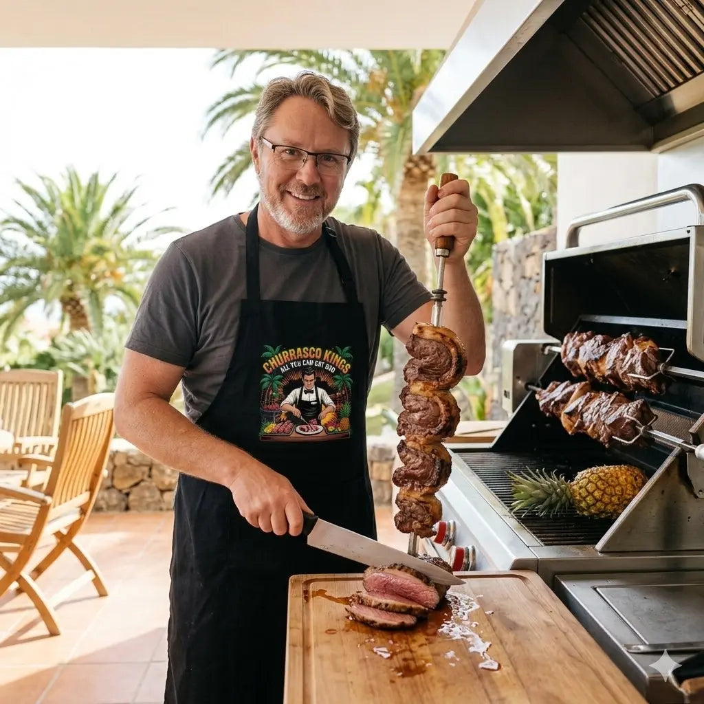 Grillmeister in der Meatware Churrasco Kings Schürze (Picanha-Design) beim fachgerechten Anschneiden von Fleisch am Spieß.
