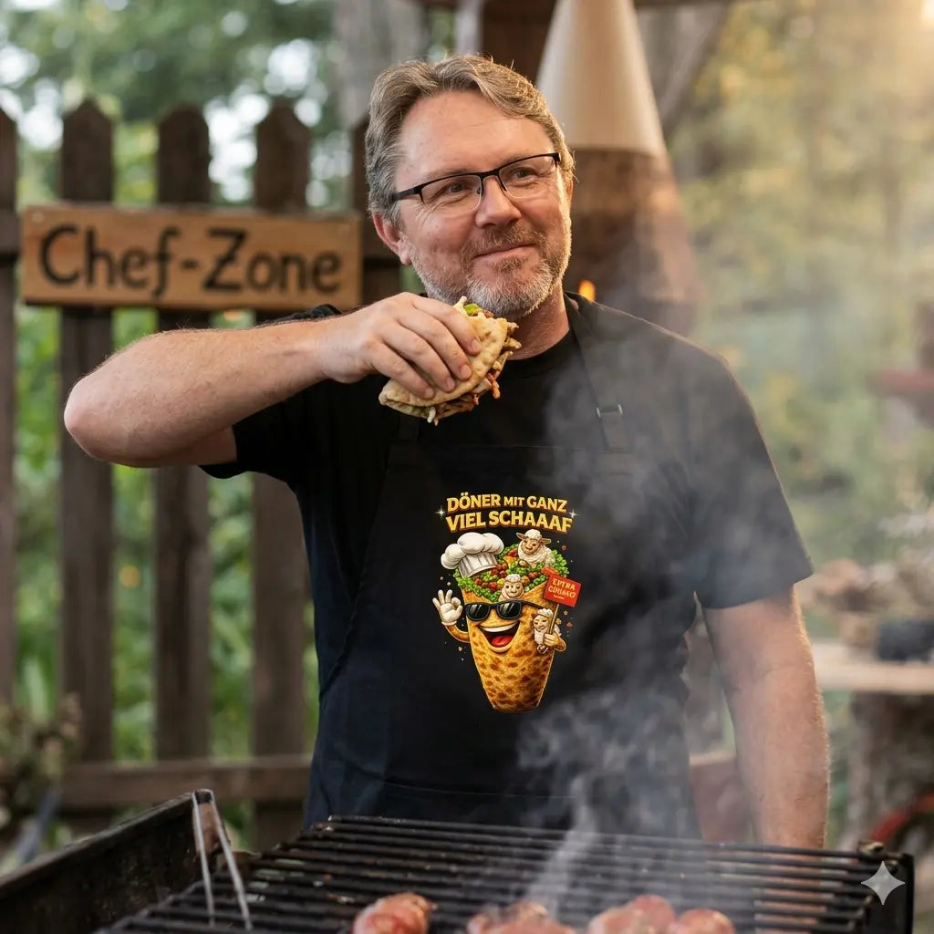 Grillmeister in der schwarzen Meatware Döner-Schaf Schürze bereitet Essen am Grill zu.