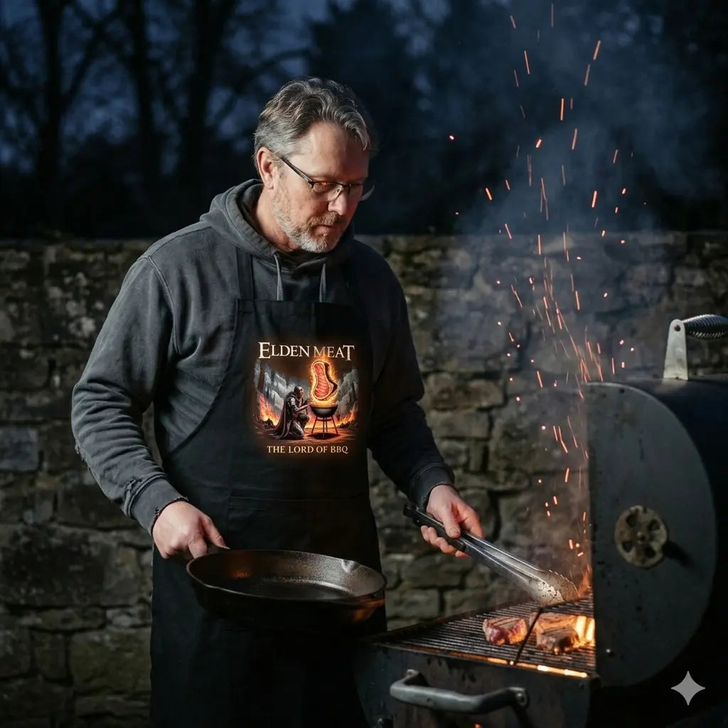 Grillmeister in der Meatware Elden Meat Schürze (Ritter & T-Bone Design) im epischen Feuer-Setting bei Nacht
