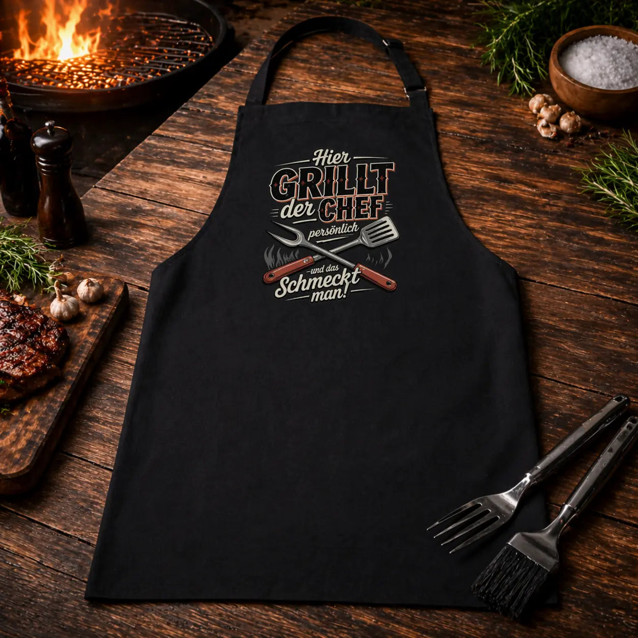 Schwarze Meatware Grillschürze ohne Lederband im rustikalen BBQ Mockup auf Holztisch mit Grillbesteck und Feuer, Motiv „Hier grillt der Chef persönlich und das schmeckt man“ mittig platziert