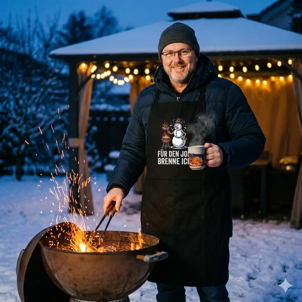 Grillmeister in der Meatware Schneemann Grillschürze bei einer Winter-BBQ-Session im Schnee.