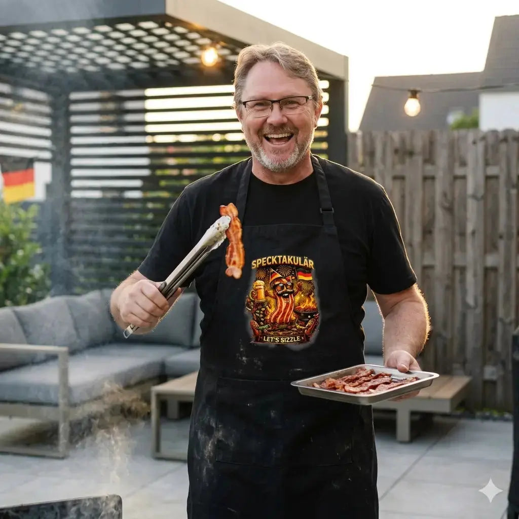 Grillmeister in der schwarzen Meatware Schürze mit feierndem Bacon-Charakter am rauchenden Gril