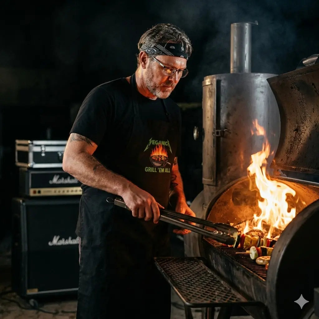 Grillmeister in der schwarzen Meatware Veganica Grillschürze am lodernden Smoker.