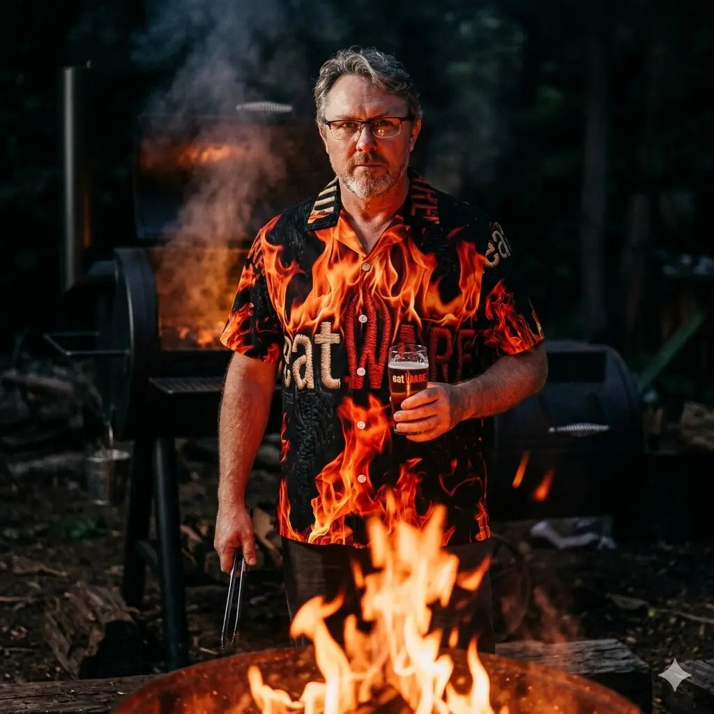 Schwarzes Meatware Hawaiihemd "Inferno" mit großem Meatware-Logo und massiven orange-roten Flammen im Allover-Print.