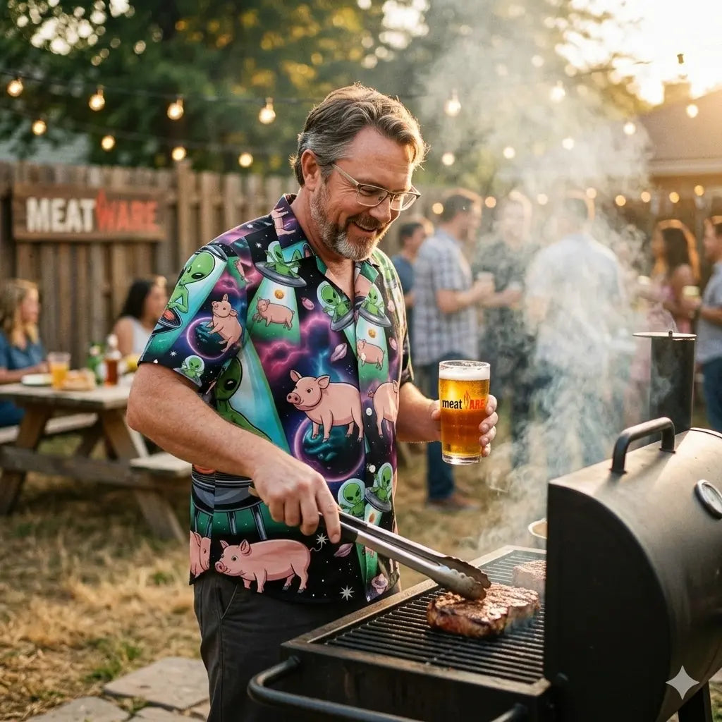 Interstellar Pitmaster Hawaiihemd von Meatware mit Allover-Print von Aliens am Grill und fliegenden Untertassen in einer lila Galaxie.