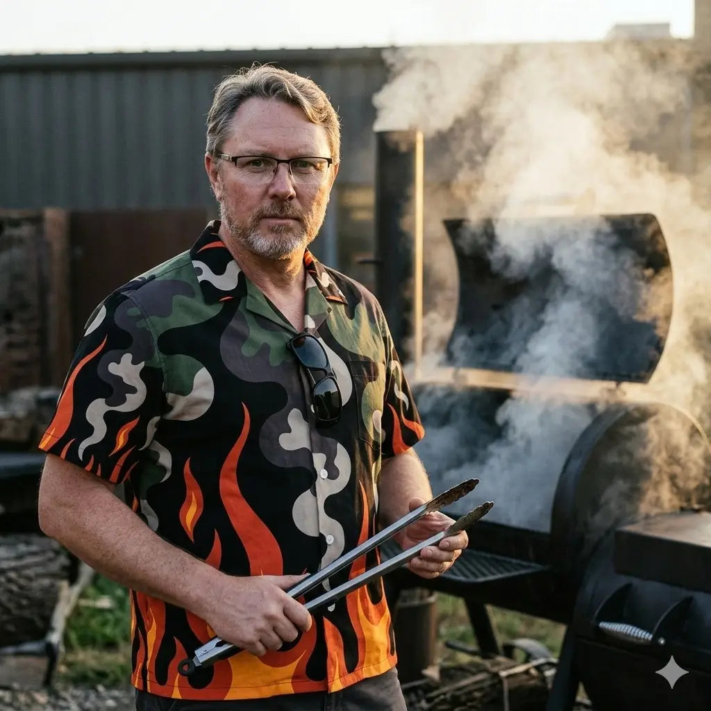 Meatware Hawaiihemd im Smoke & Fire Camo Design mit taktischem Camouflage-Muster und Flammen am unteren Saum