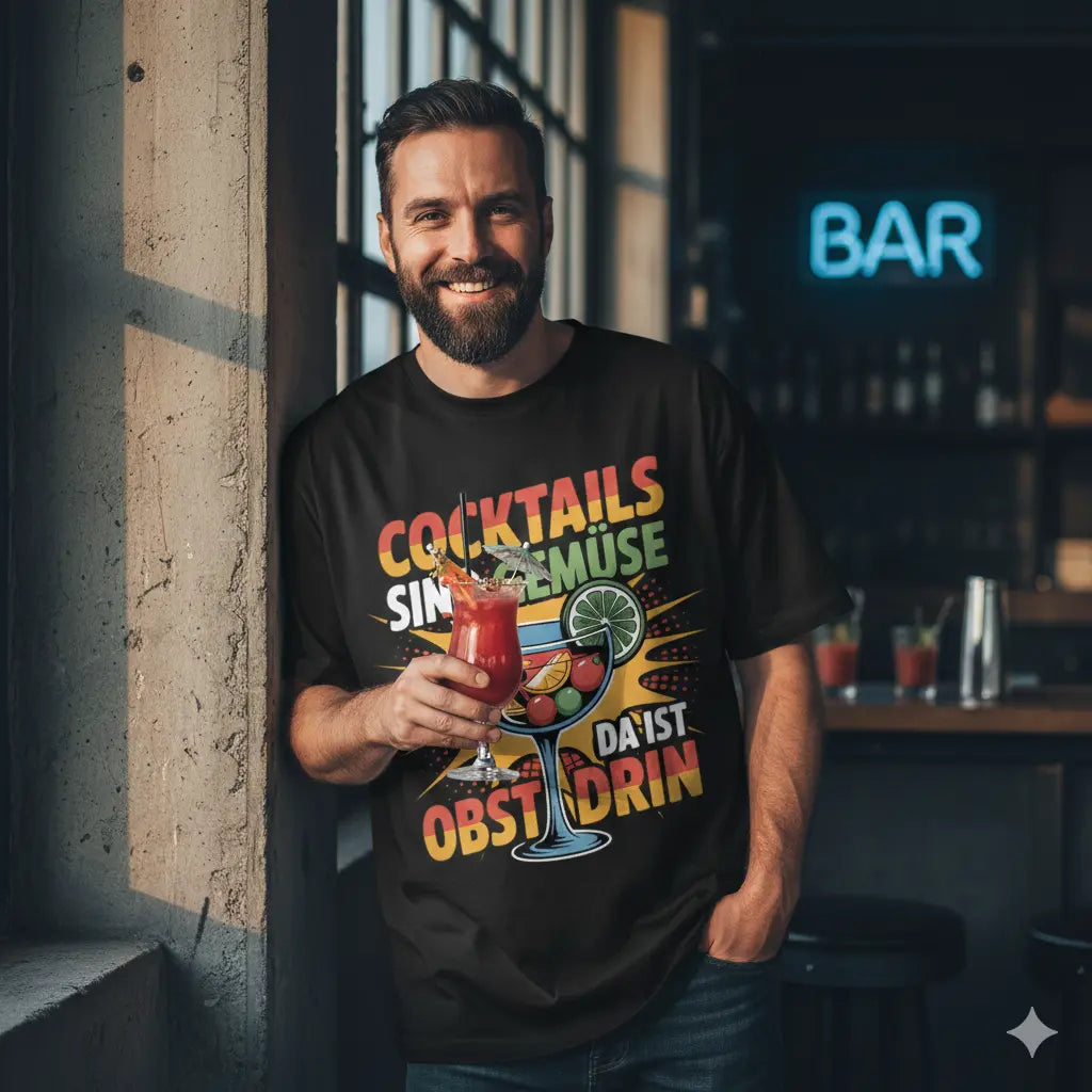Lässiger Mann im schwarzen 240 GSM Oversized Meatware Shirt mit dem bunten Aufdruck 'Cocktails sind Gemüse'.