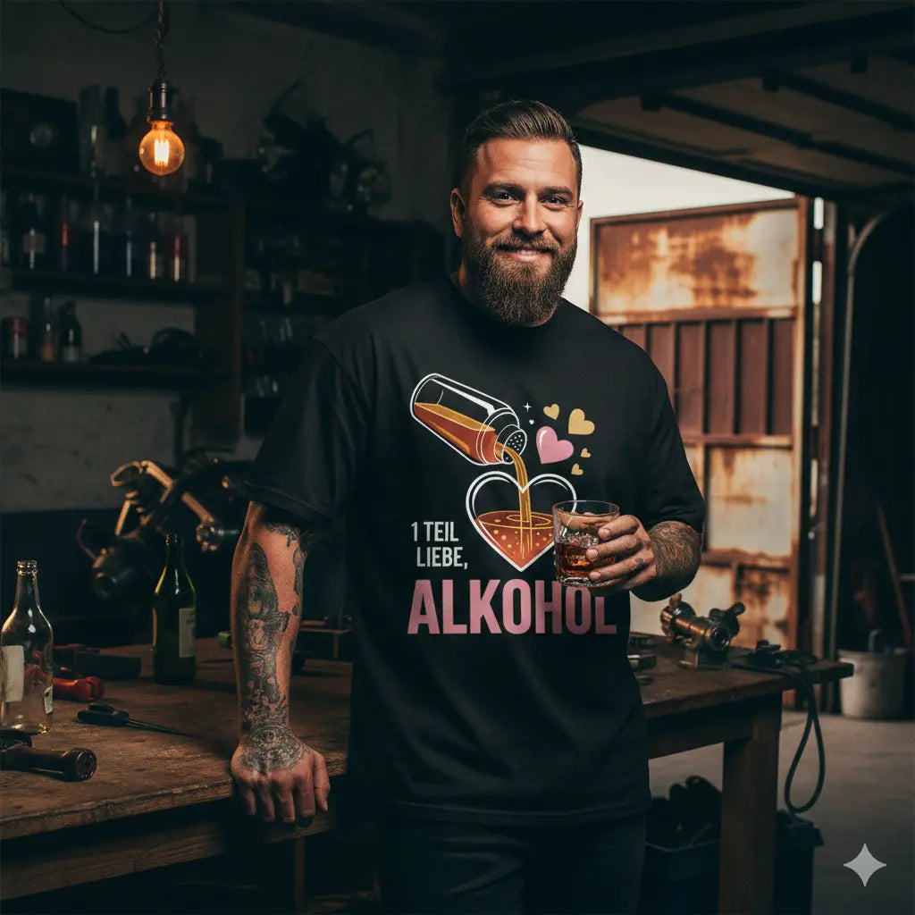 Kräftiger Mann im schwarzen 240 GSM Oversized Meatware Shirt mit dem Motiv '1 Teil Liebe, 2 Teile Alkohol' lehnt lässig an einer Werkbank.