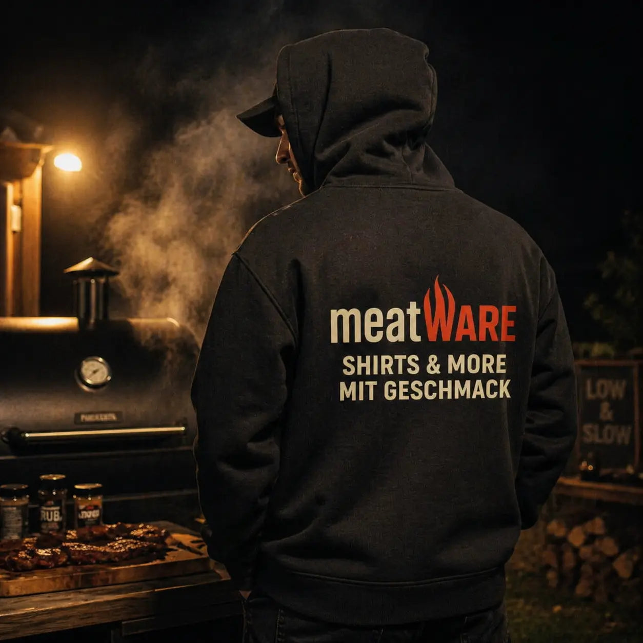 Schwarzer Meatware Hoodie mit Backprint „Shirts & More mit Geschmack“ bei Nacht am Smoker getragen, Kapuze aufgesetzt, beleuchtet durch warmes Grilllicht, perfekte Szene für BBQ bei kühlen Temperaturen