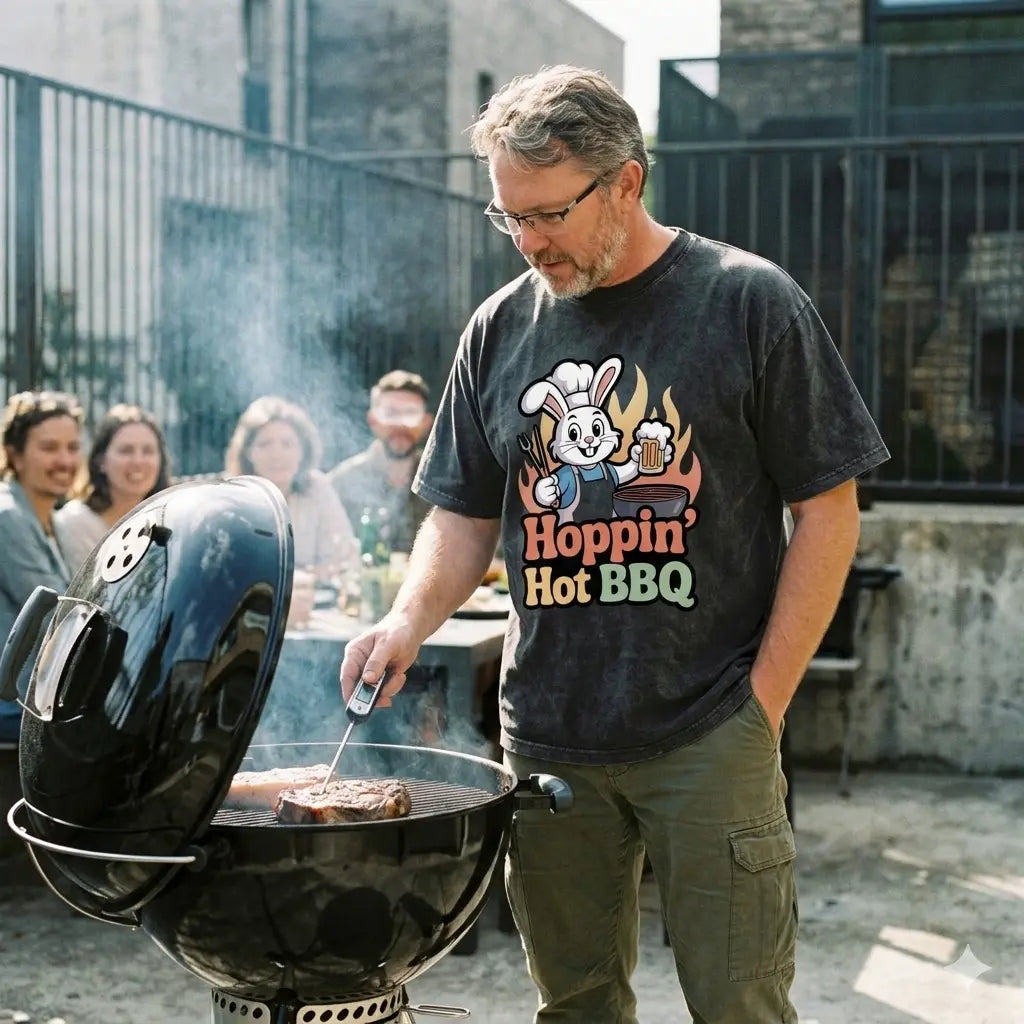 Mann im Meatware Hoppin' Hot BBQ Oversized Shirt aus schwerer Baumwolle am Kugelgrill.