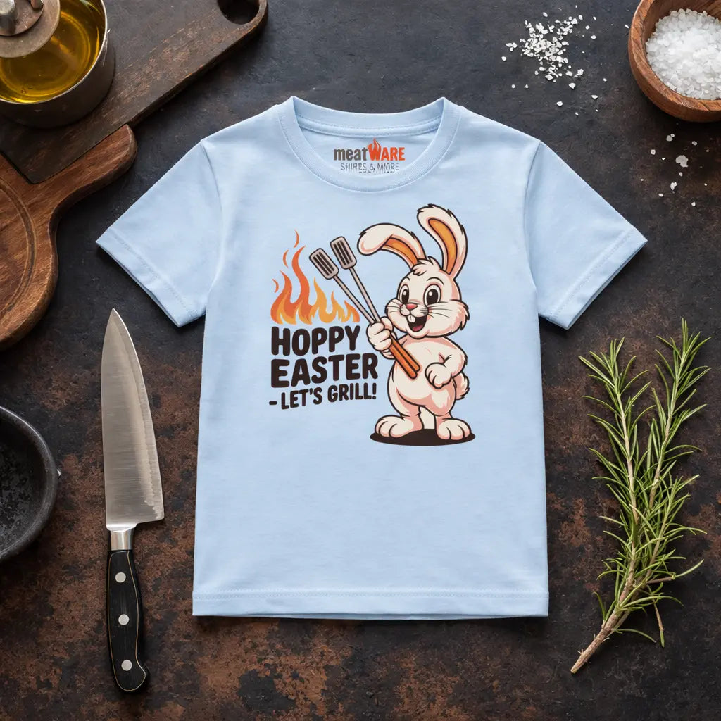 Meatware Hoppy Easter Let’s Grill BBQ Bunny Kinder T-Shirt Mockup mit Osterhasen Grillmotiv und Nackenbranding in rustikalem BBQ Küchen Setting mit Messer und Rosmarin
